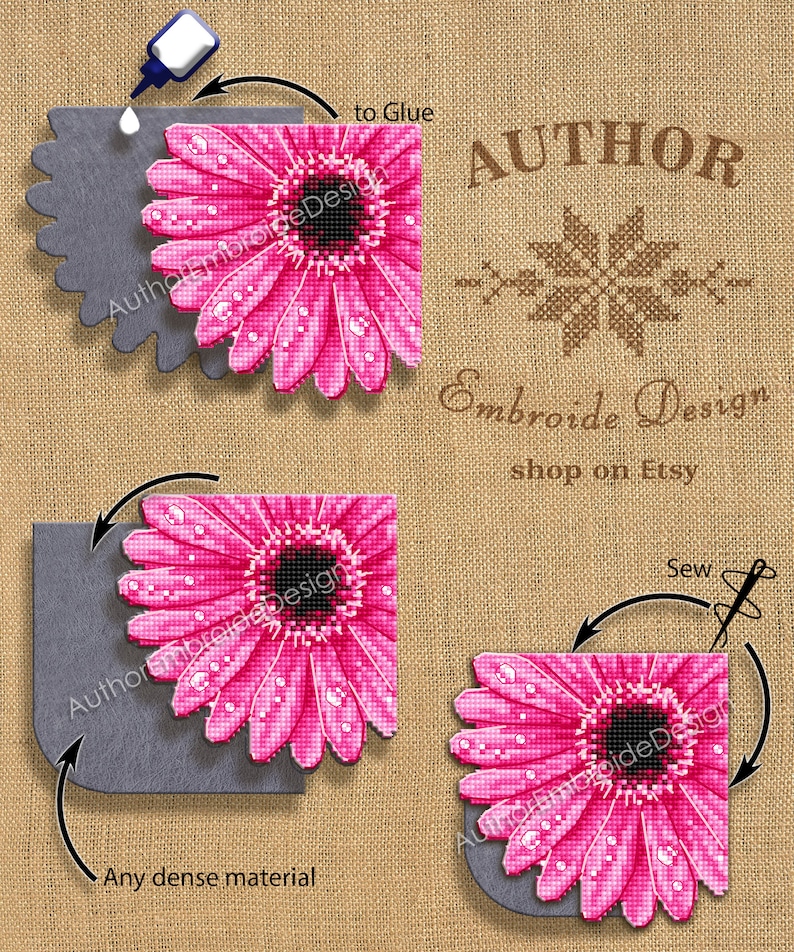 Puede incluir: Un tutorial de punto de cruz con un dise&ntilde;o de margarita gerbera rosa brillante. La imagen muestra c&oacute;mo pegar el punto de cruz a un respaldo de fieltro gris y c&oacute;mo coserlo. El texto dice "Author Embroide Design shop on Etsy."