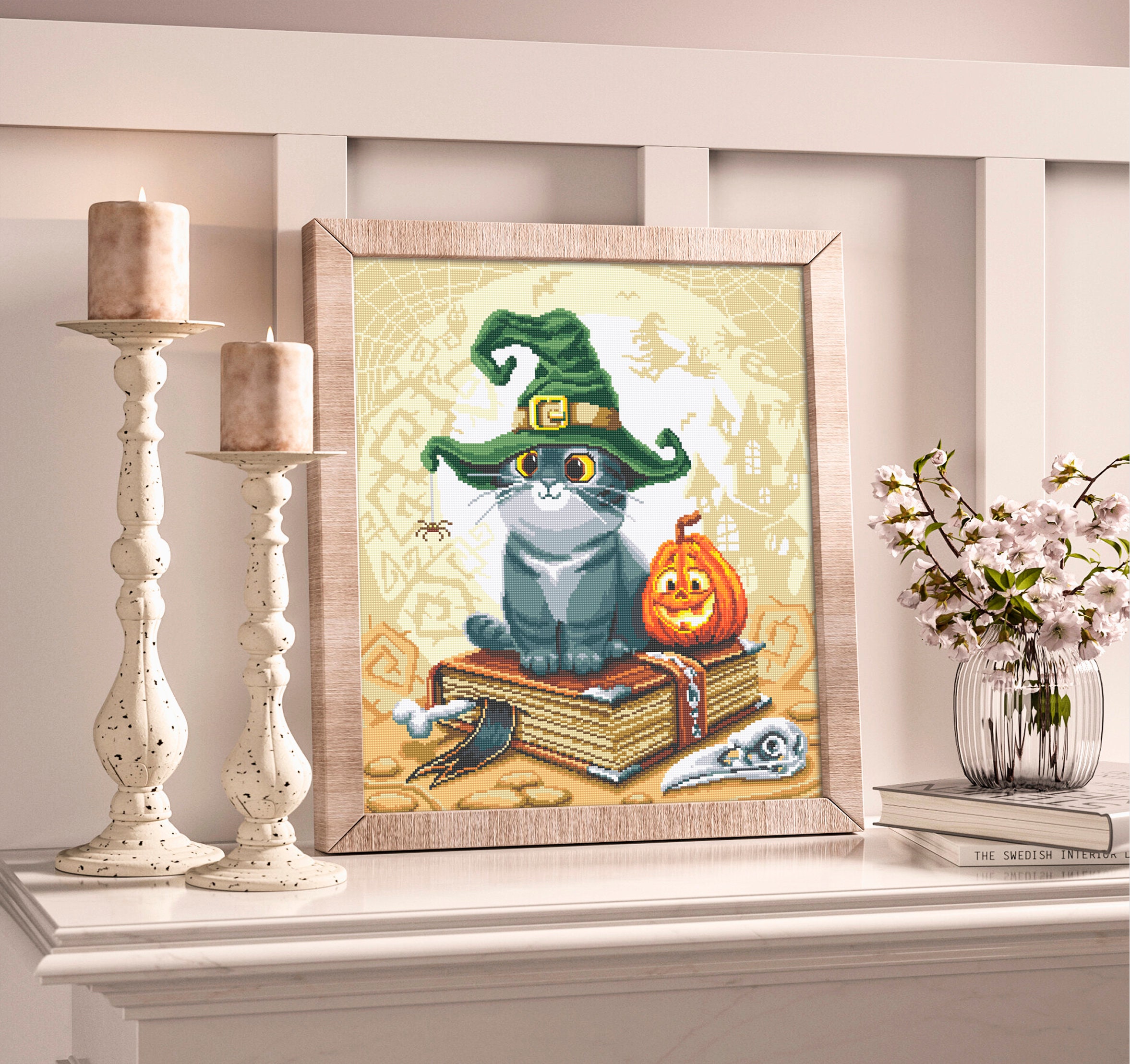 Halloween Witch Cat Cross Stitch Pattern PDF Download Cute