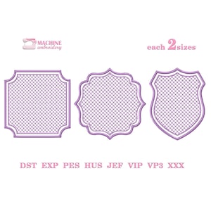 May include: Three machine embroidery designs in a light purple color. The designs include a square, a scalloped shape, and a shield shape, each with a lattice pattern. The text "MACHINE embroidery" and "each 2 sizes" are also present.