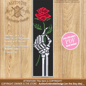 May include: A counted cross stitch pattern featuring a skeleton hand holding a red rose. The pattern is available as an instant download PDF. The pattern is 1.81 inches by 7 inches or 4.60 cm by 17.78 cm and uses 10 colors.