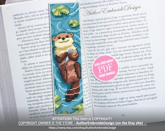 Otter bookmark cross stitch pattern PDF download Cute otter cross stitch chart, Animal bookmark pattern digital PDF, Book lover gift #B479