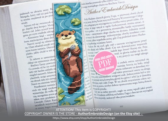 Otter bookmark cross stitch pattern PDF download Cute otter cross stitch chart, Animal bookmark pattern digital PDF, Book lover gift #B479
