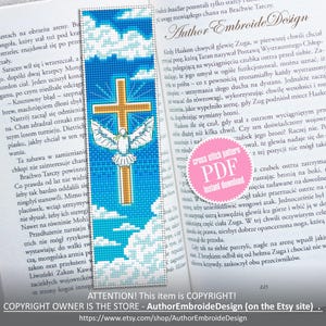 Patrón de punto de cruz para marcador cristiano (PDF) Descarga gratuita Gráfico de punto de cruz de la Santa Cruz y Paloma Blanca, Patrón de marcador bíblico (PDF digital) #B443