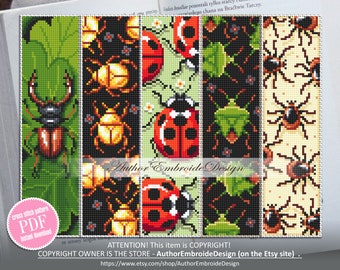 Beetle bookmark set cross stitch pattern PDF download Small Bug cross stitch chart, Bookmark pattern digital PDF, Stag beetle, Ladybug #B285