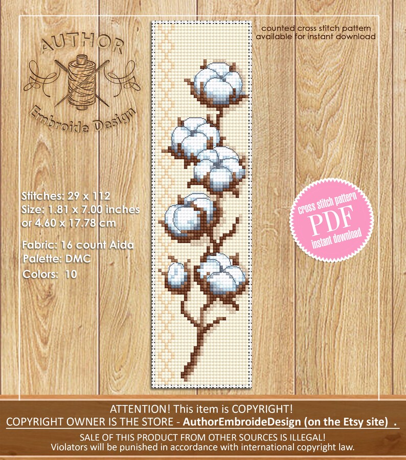 May include: A counted cross stitch pattern of a cotton plant with white blossoms and brown stems on a beige background. The pattern is available for instant download as a PDF file. The design is 1.81 inches by 7 inches or 4.60 cm by 17.78 cm and uses 10 colours of DMC floss.