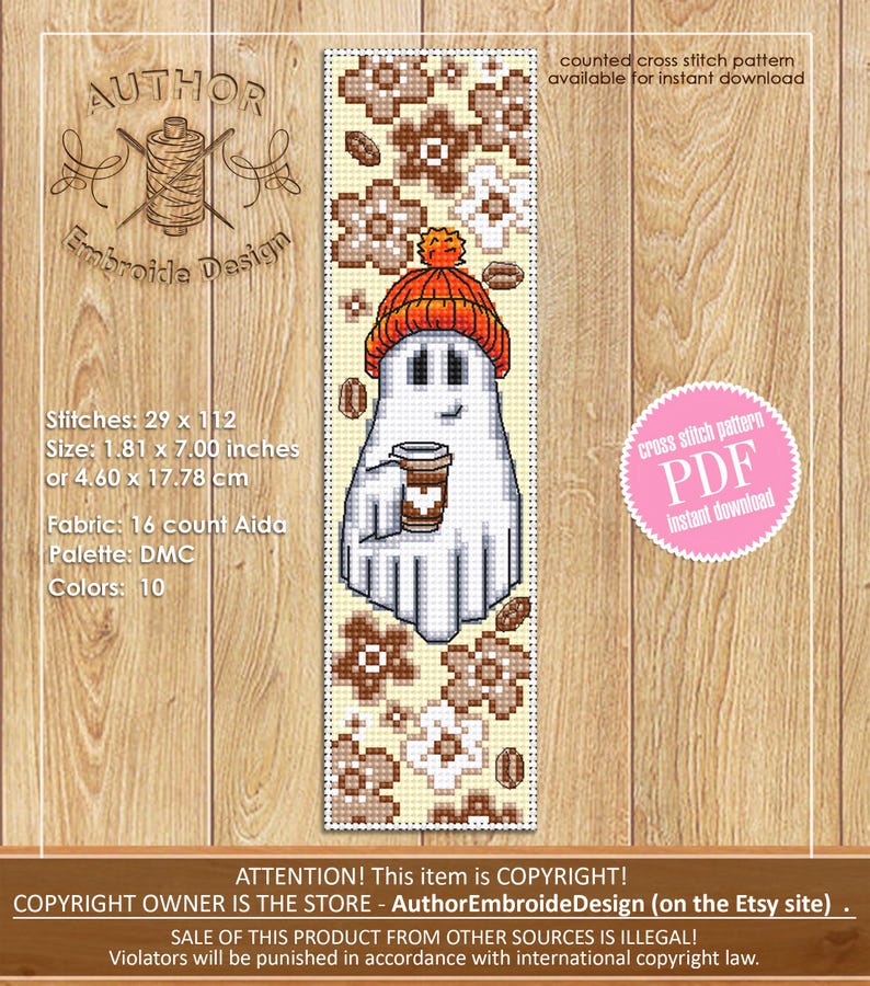 Ghost Coffee Bookmark Cross Stitch Pattern PDF Download Cute Ghost ...