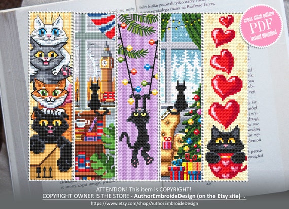 Four Cats Bookmark Cross Stitch pattern - Cat Lover's Gift