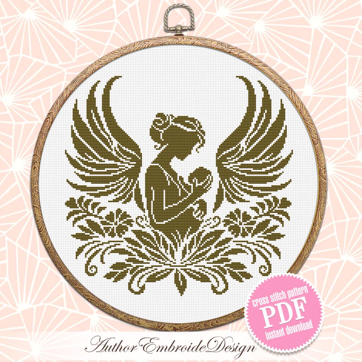 Mother angel cross stitch pattern PDF download Mother baby silhouette cross stitch chart, Monochrome pattern digital, Mothers day gift #O19