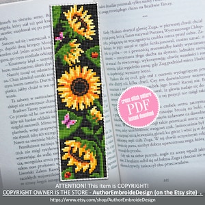 Flower bookmark sunflower cross stitch pattern download PDF Handmade bookmark digital PDF Floral cross stitch chart, Sunflower pattern #B196