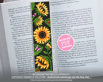 Flower bookmark sunflower cross stitch pattern download PDF Handmade bookmark digital PDF Floral cross stitch chart, Sunflower pattern #B196