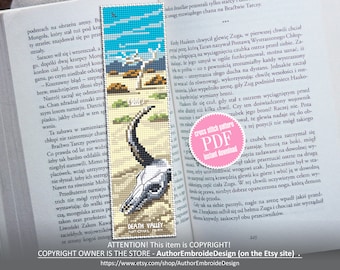 Death Valley National park bookmark cross stitch pattern PDF download Nature cross stitch chart, Desert landscape, Cow skull bookmark #B192