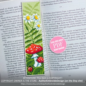 Marcador de cogumelo para ponto cruz, download em PDF Ponto cruz mágico de cogumelo Bordado floral Gráfico de ponto cruz de verão Presente para amantes de livros #B47