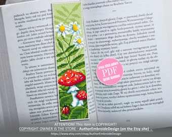 Mushroom bookmark cross stitch download PDF Magic Mushroom cross stitch Floral embroidery Summer cross stitch chart Book lover gift #B47