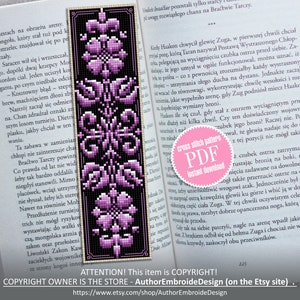 Floral ornament bookmark cross stitch pattern PDF download Modern Handmade bookmark digital PDF, Purple flowers cross stitch chart #B134