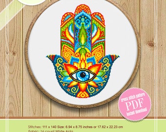 Hamsa Hand Cross Stitch Pattern Download PDF, Mandala Pattern PDF