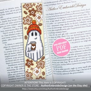 Geist Kaffee Lesezeichen Kreuzstichmuster Stickmuster PDF download Niedliches Gespenst Stickmuster, Kaffee Halloween Lesezeichen Lesezeichen Stickmuster #B367