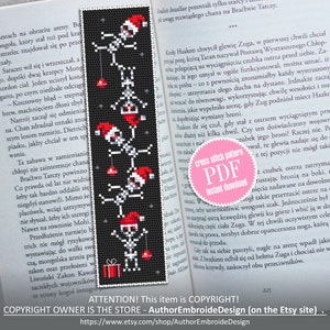 Dancing skeleton cross stitch pattern download PDF, Christmas skeleton embroidery PDF, Gothic bookmark cross stitch, Handmade bookmark #B97