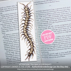 May include: A cross stitch pattern of a brown and white centipede. The pattern is in a PDF format and is available for instant download. The text "cross stitch pattern PDF instant download" is in a pink circle.