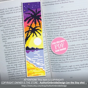 Summer bookmark cross stitch pattern PDF download Tropical beach cross stitch chart, Handmade bookmark pattern digital PDF, Palm trees #B23