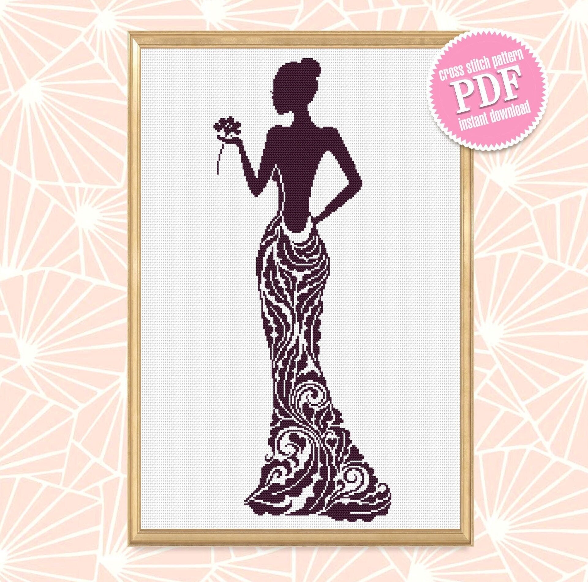Elegant Dress cross stitch pattern download PDF Woman silhouette cross stitch chart, Monochrome cross stitch mandala dress, Home decor #M195