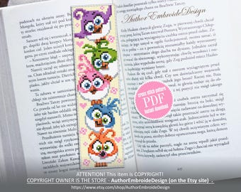 Patrón de punto de cruz para marcapáginas de pájaro en formato PDF para descargar Gráfico de punto de cruz con pájaros divertidos, Lindo patrón de marcapáginas en formato PDF digital, Regalo para amantes de los pájaros #B419