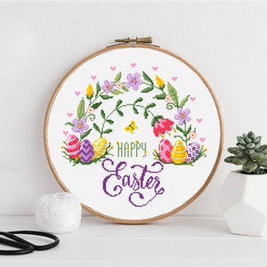 Happy Easter Cross Stitch Pattern PDF Floral Rainbow Cross Stitch Chart ...