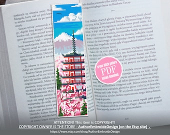 Japanese bookmark cross stitch pattern PDF download Spring nature cross stitch chart, Digital bookmark pattern PDF, Mount fuji, Sakura #B167