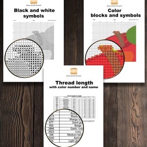 May include: Three sheets of paper with cross-stitch patterns and thread length details. One sheet shows black and white symbols, another color blocks, and the third lists thread colors and numbers. The background is a dark wood grain.