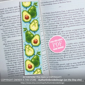 May include: A cross stitch pattern for a bookmark featuring a repeating pattern of cute avocado illustrations on a light blue background. The pattern is available as a PDF instant download. The text "cross stitch pattern PDF instant download" is written in pink on a white circle.