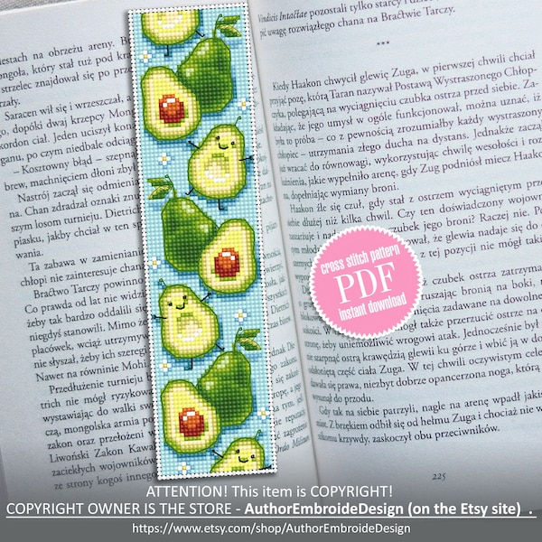 Kawaii bookmark cross stitch download PDF Cute avocado cross stitch Digital bookmark fruit Funny cross stitch chart Bookmarks for kids #B51
