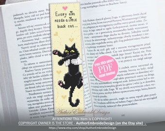 Cat bookmark cross stitch pattern download PDF Black cat cross stitch chart, Funny bookmark digital pattern PDF, Cat mom embroidery #B319