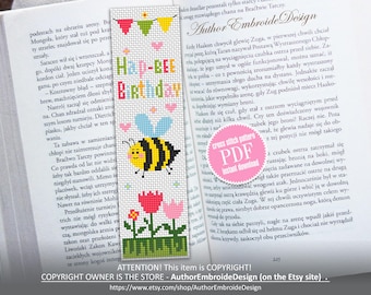 Birthday bookmark cross stitch pattern PDF download Funny bee cross stitch chart, Simple bookmark pattern digital PDF for beginners #B455
