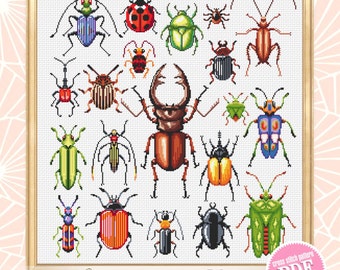 Bugs cross stitch pattern PDF download Sampler beetles cross stitch chart, Insect cross stitch, Bugs pattern digital PDF, Stag beetle #K42