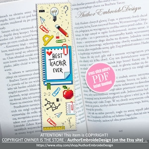 Marque-page pour professeur, modèle point de croix, téléchargement PDF Meilleur professeur de tous les temps, marque-page fait main, modèle numérique PDF, cadeau fête des professeurs, école #B353