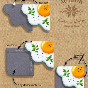 May include: Instructions for making a felt craft of a fried egg with parsley. The image shows a gray felt piece, a white felt piece with a yellow yolk and green parsley, and a needle and thread. The text on the image reads "Combine", "3.19 inch (8.1 cm)", "to Glue", "AUTHOR", "Embroide Design", "shop on Etsy", "3.19 inch (8.1 cm)", "Any dense material", and "Sew".