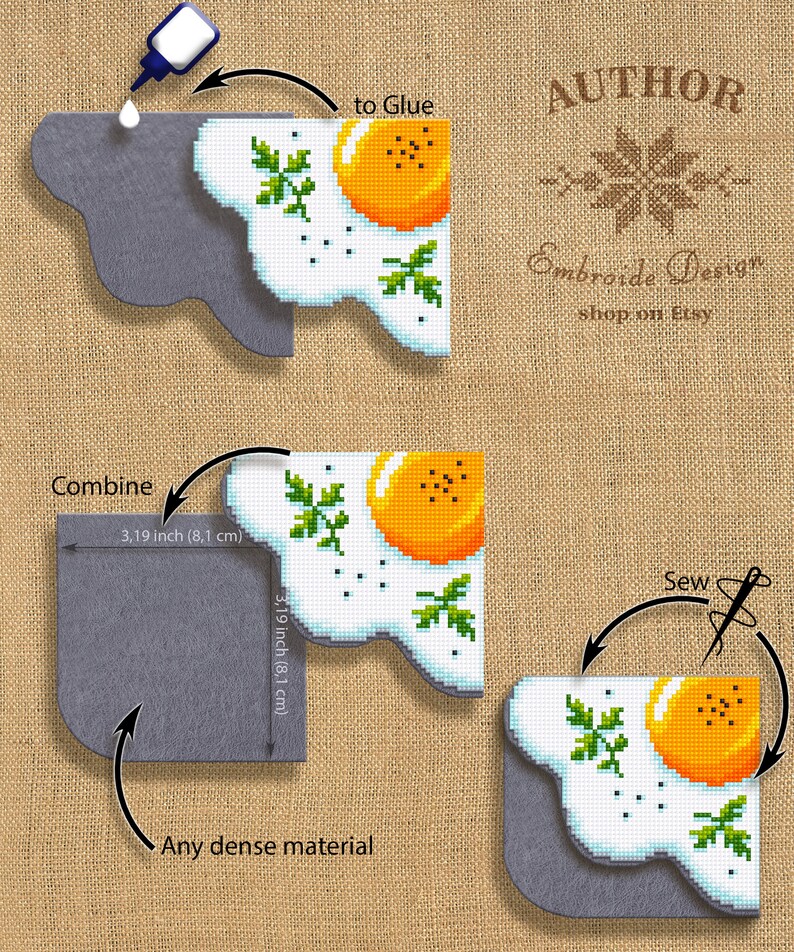 May include: Instructions for making a felt craft of a fried egg with parsley. The image shows a gray felt piece, a white felt piece with a yellow yolk and green parsley, and a needle and thread. The text on the image reads "Combine", "3.19 inch (8.1 cm)", "to Glue", "AUTHOR", "Embroide Design", "shop on Etsy", "3.19 inch (8.1 cm)", "Any dense material", and "Sew".