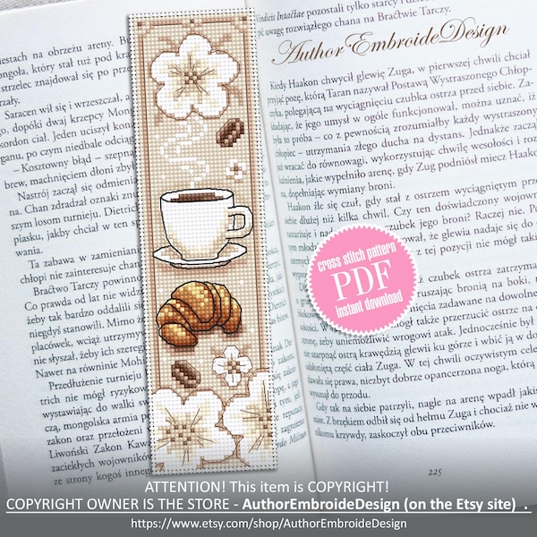 Marque-page café motif point de croix à télécharger PDF Grille point de croix tasse à café et croissants Motif marque-page numérique PDF Cadeau café #B374