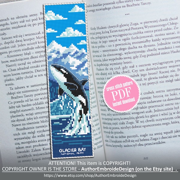 Ocean bookmark cross stitch pattern PDF download Killer whale cross stitch chart, Glacier bay national park bookmark pattern PDF, Orca #B183