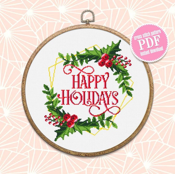 Christmas Holly Berry Wreath Cross Stitch Pattern PDF Happy