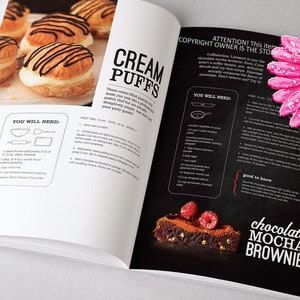 Puede incluir: P&aacute;ginas abiertas de un libro de cocina con recetas de profiteroles y un brownie de moca y chocolate. Los profiteroles son dorados con un relleno blanco y un glaseado de chocolate. El brownie est&aacute; cubierto con frambuesas.