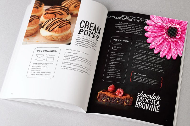 Puede incluir: P&aacute;ginas abiertas de un libro de cocina con recetas de profiteroles y un brownie de moca y chocolate. Los profiteroles son dorados con un relleno blanco y un glaseado de chocolate. El brownie est&aacute; cubierto con frambuesas.