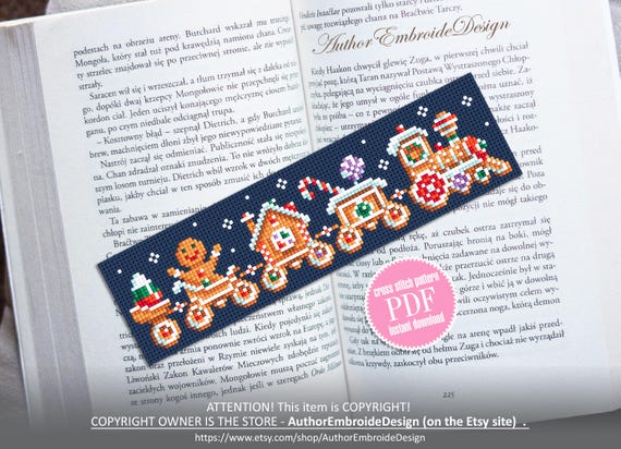 Gingerbread bookmark cross stitch pattern PDF download Gingerbread train cross stitch chart, Christmas bookmark pattern digital PDF #B513