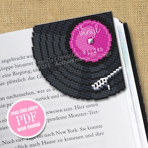 Corner bookmark cross stitch pattern PDF download Vinyl record cross stitch chart, Music bookmark pattern digital PDF, Retro vintage #B348