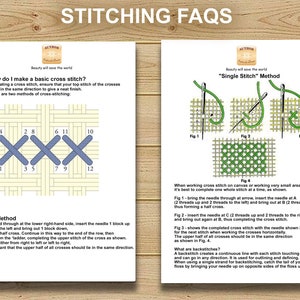 May include: Two-page document with cross-stitch instructions. The left page details the "Ladder" method, while the right page explains the "Single Stitch" method. Diagrams illustrate each step, with text explaining how to create a basic cross stitch.
