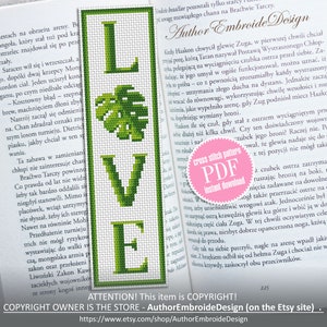 Grünes Lesezeichen Kreuzstichmuster PDF download Monstera Blatt Kreuzstichvorlage, Blumen Lesezeichen Muster digitale PDF PDF, Das Wort Liebe #B355