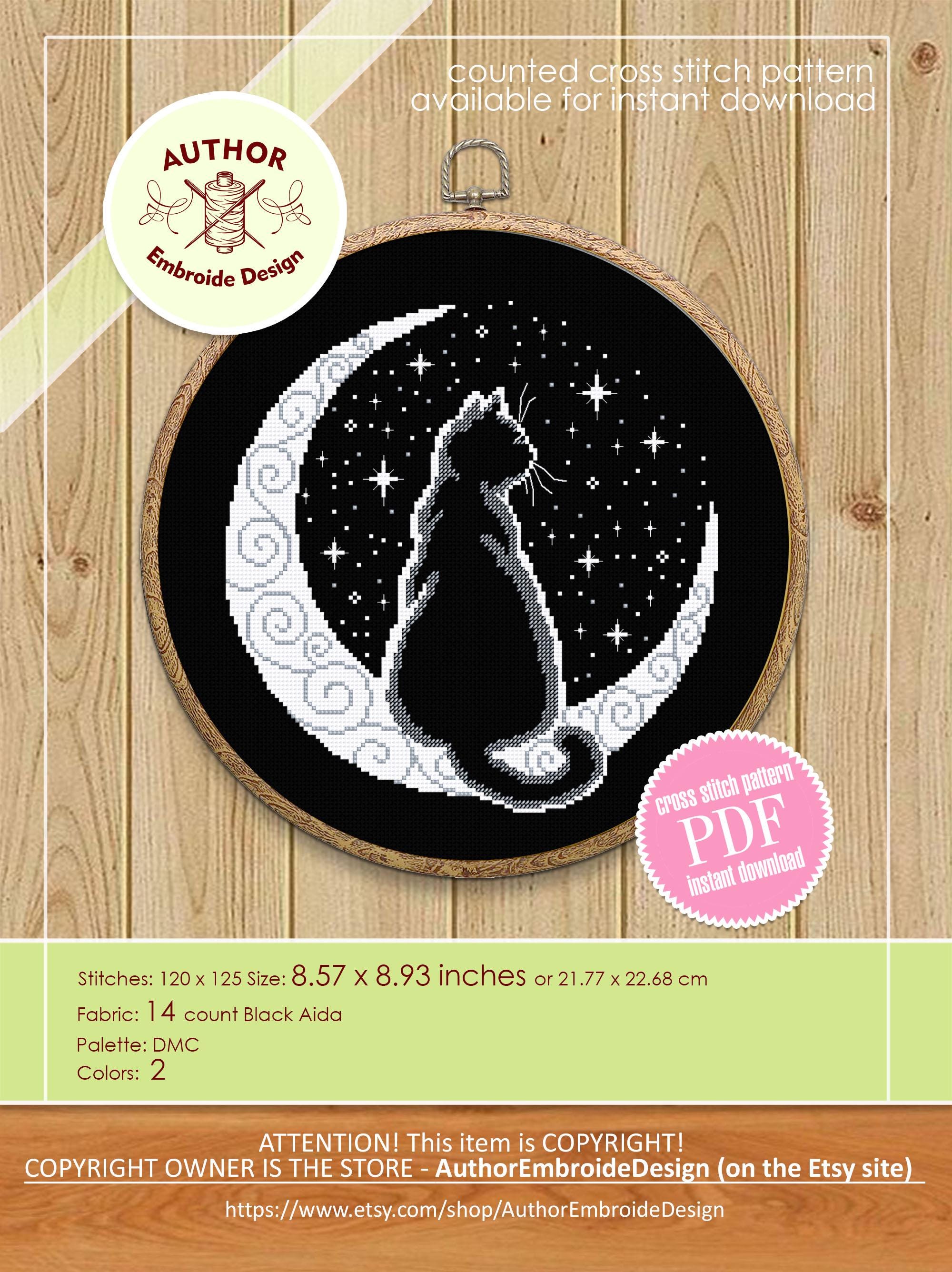 Cat Moon Cross Stitch Pattern PDF Download Silhouette Cat Cross
