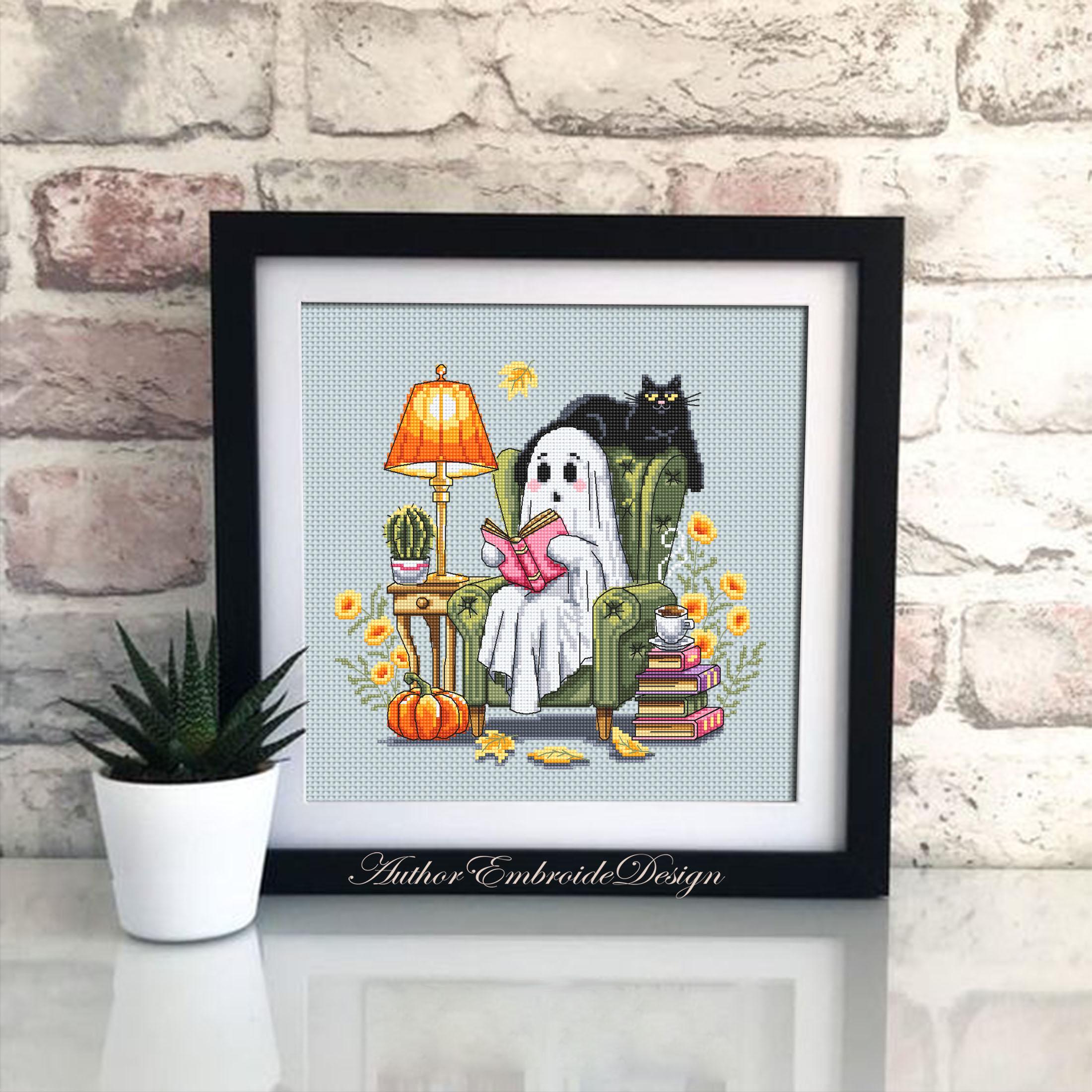 Reading Ghost With Black Cat Cross Stitch Pattern PDF Download Cute ...