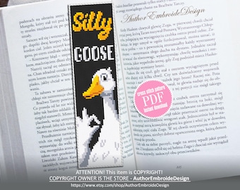 May include: Black and white bookmark with a pixelated goose illustration, the text "Silly GOOSE" in yellow and white. The bookmark is inserted in a book with text.