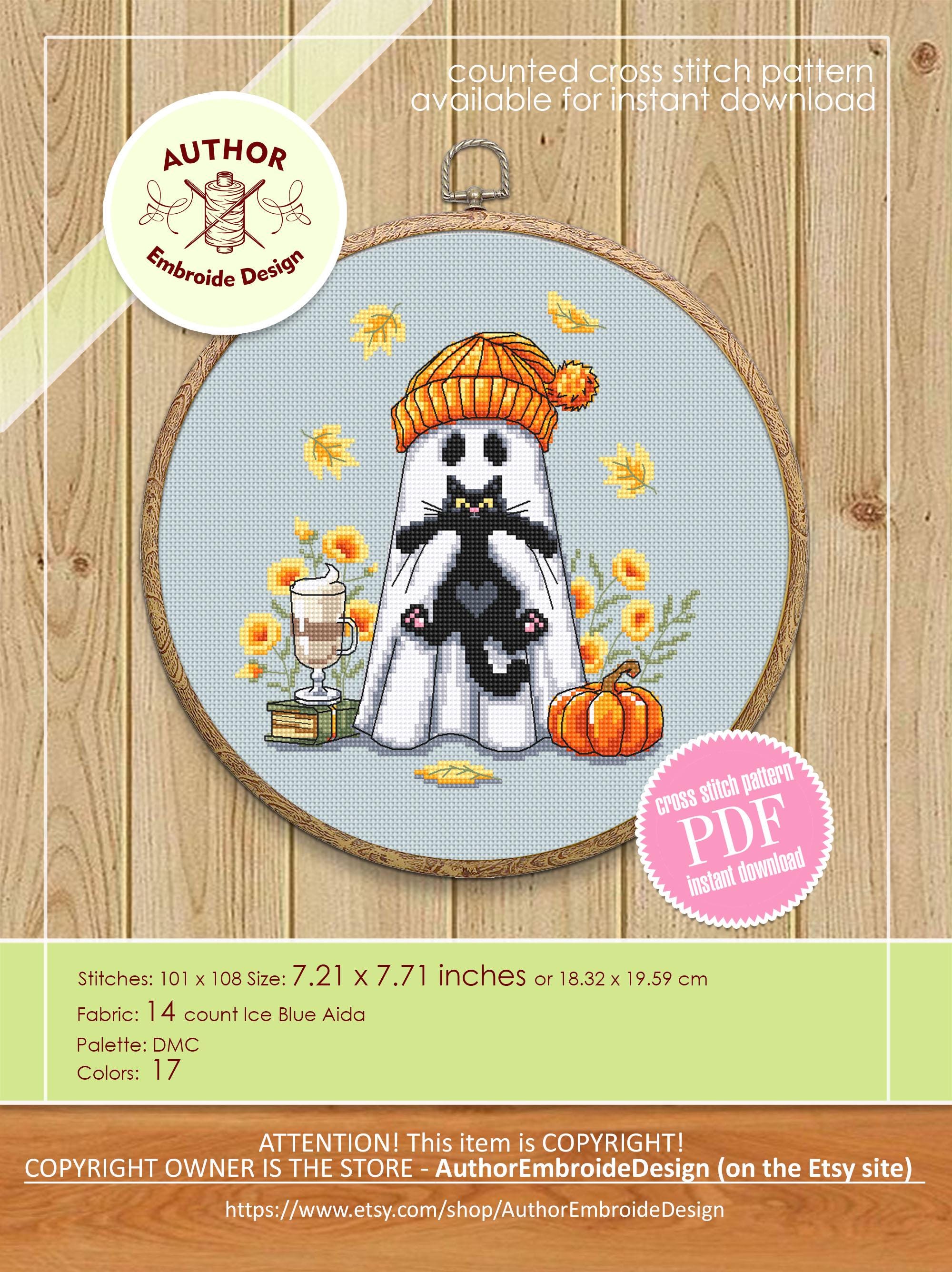 Cute Ghost With Black Cat Cross Stitch Pattern PDF Download Set of 3 ...