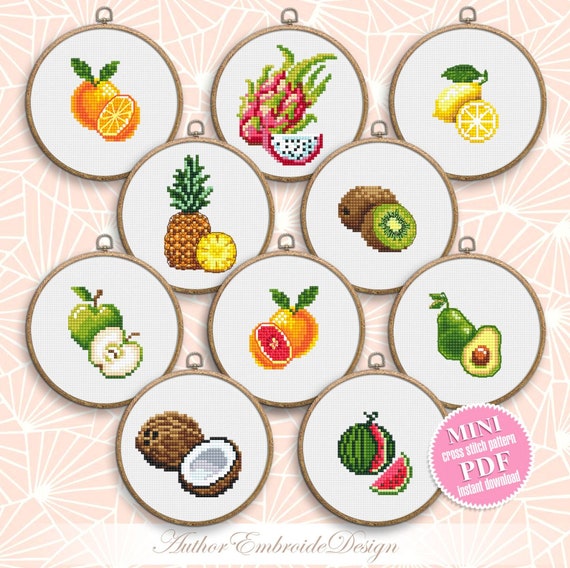 Mini Fruit Cross Stitch Pattern PDF Download Set of 10 Fruits